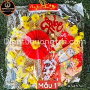 Mẹt Tết Múa Lân Sư Tử Hoa Mai Sắc Vàng Trang Trí Tết Cỡ Đại 40Cm
