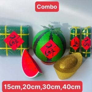 Mô Hình Bánh Chưng Bánh Tét Dưa Hấu Đỏ Thỏi Vàng Kim Tuyến Xốp